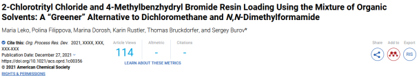 2-Chlorotrityl Chloride and 4-Methylbenzhydryl Bromide Resin Loading Using the Mixture of Organic Solvents: A “Greener” Alternative to Dichloromethane and N,N-Dimethylformamide