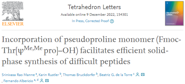 Incorporation of pseudoproline monomer (Fmoc-Thr[ψMe,Mepro]–OH) facilitates efficient solid-phase synthesis of difficult peptides